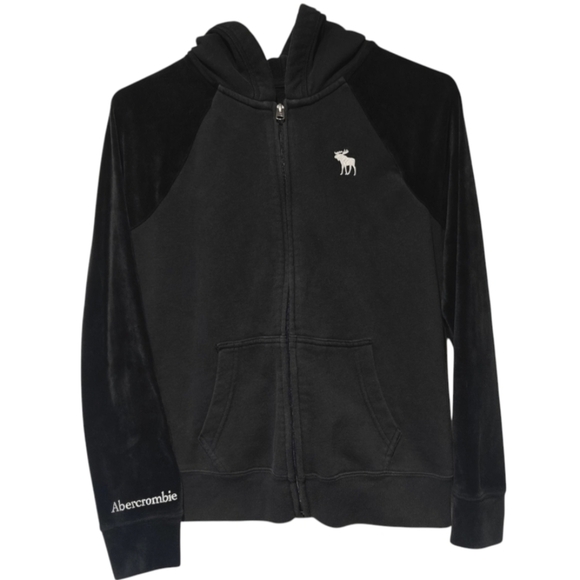 Y2K Abercrombie Velour Jacket Hoodie Small Black Glitter Logo Full Zip Pockets - Picture 1 of 8